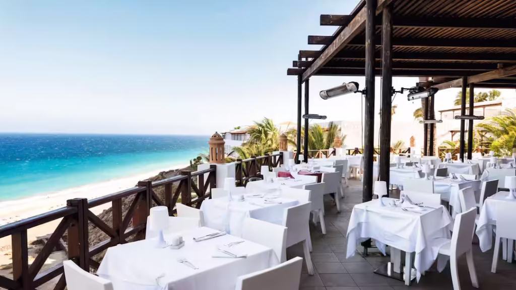 Beachfront view from Hotel Jandía Princess in Fuerteventura and restaurant