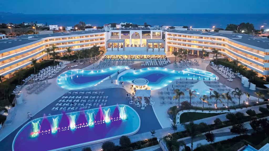 Aerial view of Princess Andriana Resort & Spa with pools and beachfront in Rhodes