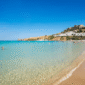 Golden sandy beach at Holiday Village Atlantica Rhodes – perfect for family holidays.